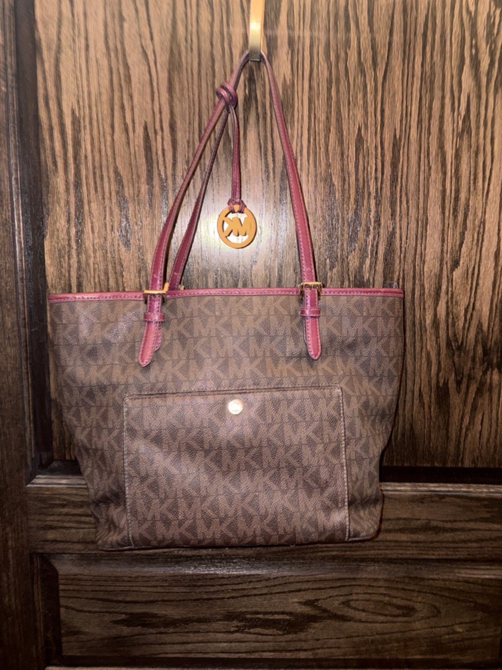 Michael Kors Brown Signature Tote with Magenta Trim and Gold Charm
